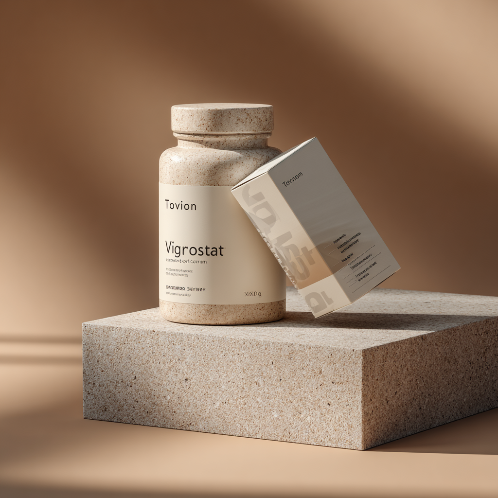 Натурална добавка Vigrostat във форма на модерни капсули, заснети в професионална студийна среда с меки златисти тонове и минималистичен дизайн